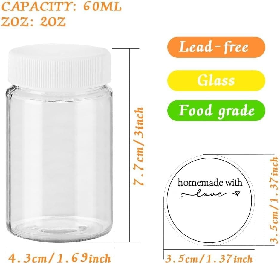 8pcs 2oz Glass Juice Bottles with Lids and Labels, Reusable Small Clear Jar for Juice, Ginger, Wellness Shot, Sample, Travel Portable Mini Bottles with Wide Mouth, Leakproof, Dishwasher Safe