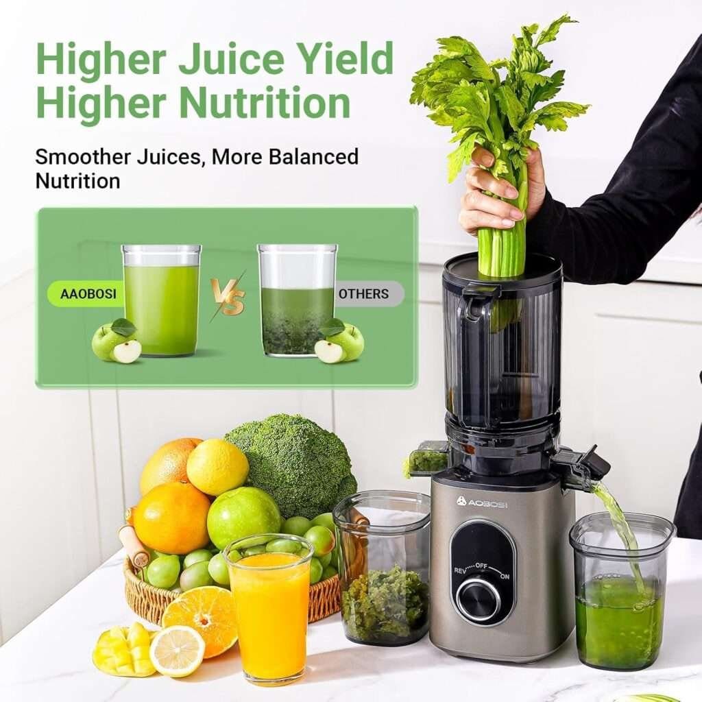 AAOBOSI Cold Press Juicer, 4.35 Large Feed Chute Masticating Juicer Machines (Upgrade) High Juice Yield Slow Juice Extractor fit Fruits Vegetables, Easy to Clean, New Designed for Home and Travel