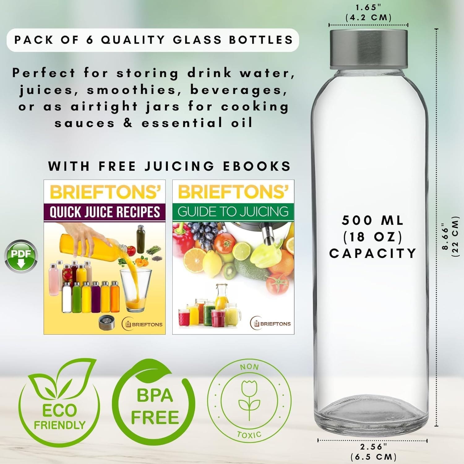 Brieftons Glass Water Bottles With Caps: Clear, 6 Pack, 500ml, Leakproof Lids, Premium Soda Lime, Best As Reusable Drinking Bottle, Sauce Jar, Juice Beverage Container, Kefir Kit, With Cleaning Brush Brieftons Glass Water Bottles With Caps: Clear, 6 Pack, 500ml, Leakproof Lids, Premium Soda Lime, Best As Reusable Drinking Bottle, Sauce Jar, Juice Beverage Container, Kefir Kit, With Cleaning Brush