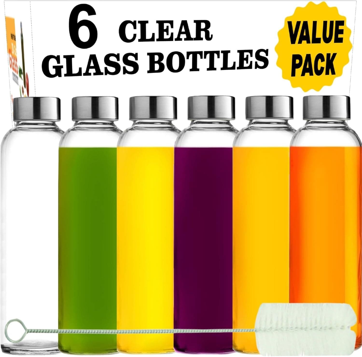 Brieftons Glass Water Bottles With Caps: Clear, 6 Pack, 500ml, Leakproof Lids, Premium Soda Lime, Best As Reusable Drinking Bottle, Sauce Jar, Juice Beverage Container, Kefir Kit, With Cleaning Brush Brieftons Glass Water Bottles With Caps: Clear, 6 Pack, 500ml, Leakproof Lids, Premium Soda Lime, Best As Reusable Drinking Bottle, Sauce Jar, Juice Beverage Container, Kefir Kit, With Cleaning Brush