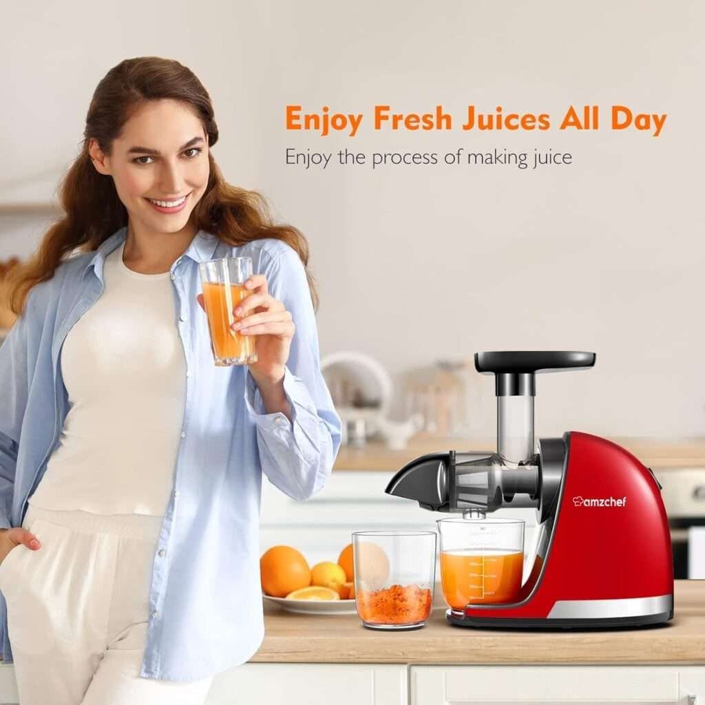 Cold PressJuicer,AMZCHEF Slow Masticating Juicer Machines with Reverse Function, High Juice Yield, Easy Clean with Brush,Recipes for High Nutrient Fruits and Vegetables, White(Updated)