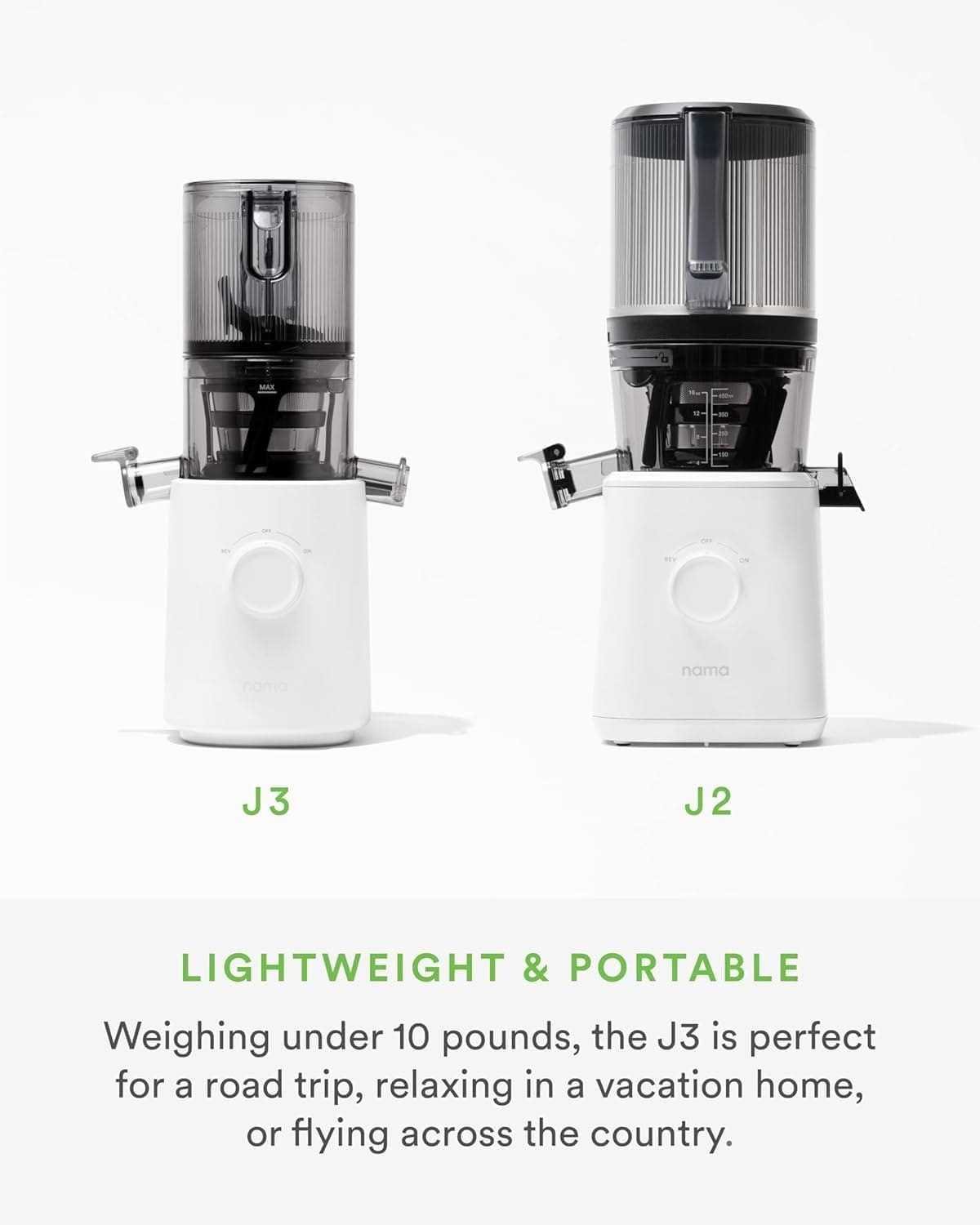 Nama J3 Compact Cold Press Juicer, Space Saving Self-Feeding for Hands Free Operation, Lightweight, Portable No Residue, Slow Chewing Juicer, Easy Cleaning and Assembly