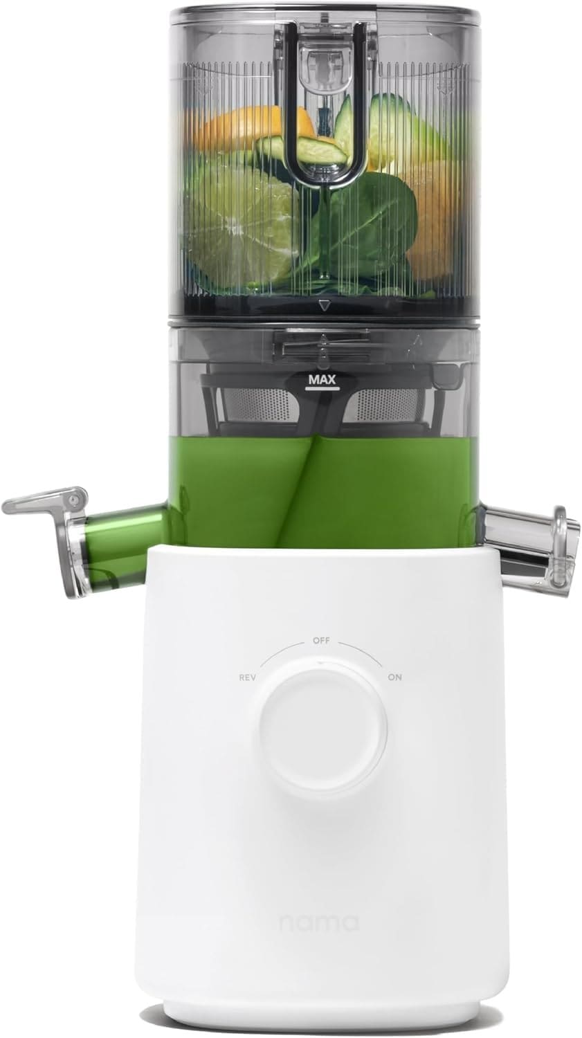 Nama J3 Compact Cold Press Juicer, Space Saving Self-Feeding for Hands Free Operation, Lightweight, Portable No Residue, Slow Chewing Juicer, Easy Cleaning and Assembly