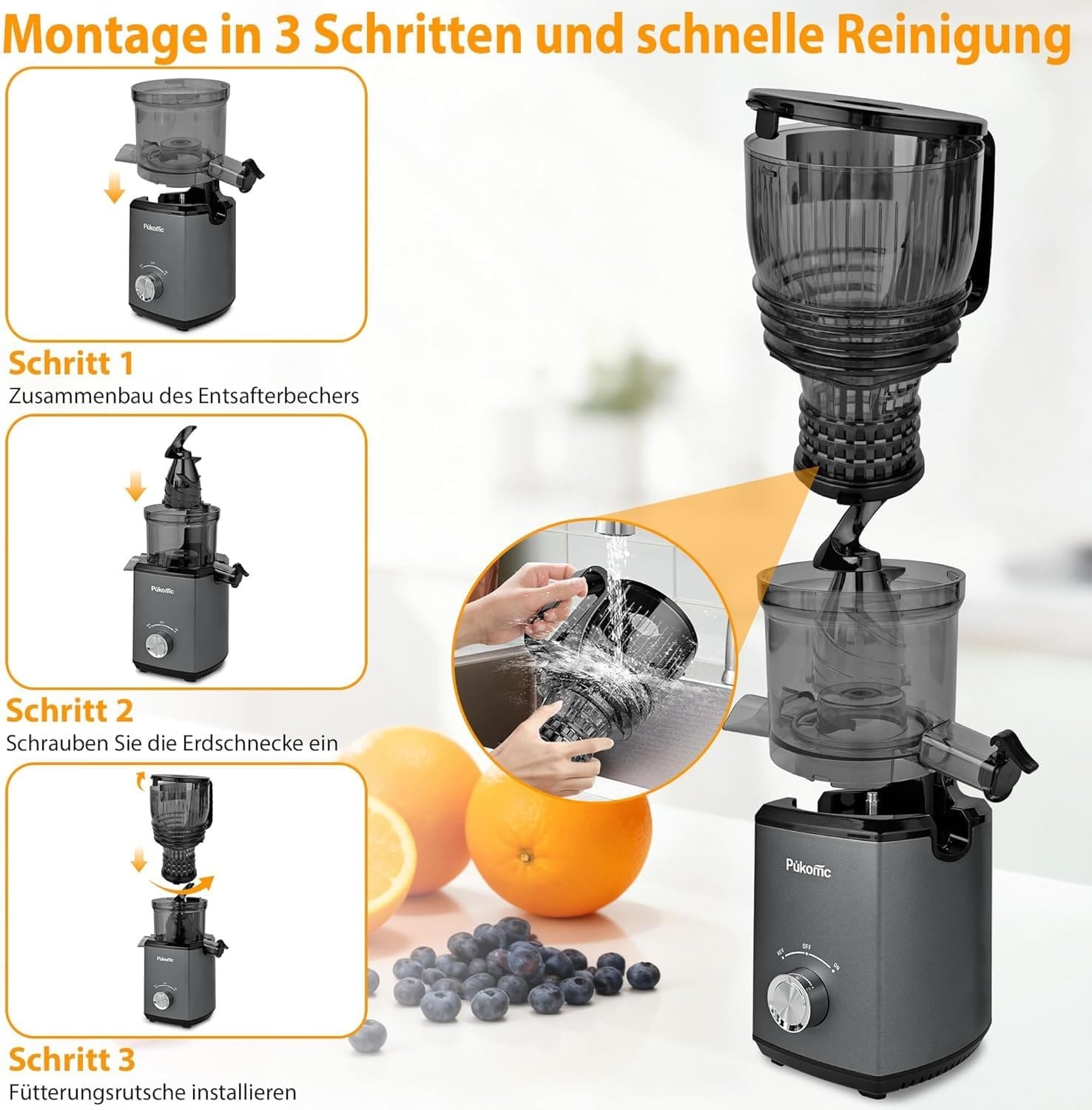 Pukomc Cold Press Juicer,5.8 Wide Feed Chute Juice Extractor Machine with 300W,Slow Masticating Juicer for Whole Vegetables Fruits,High Juice Yield,Easy to Clean,Grey Pukomc Cold Press Juicer,5.8 Wide Feed Chute Juice Extractor Machine with 300W,Slow Masticating Juicer for Whole Vegetables Fruits,High Juice Yield,Easy to Clean,Grey
